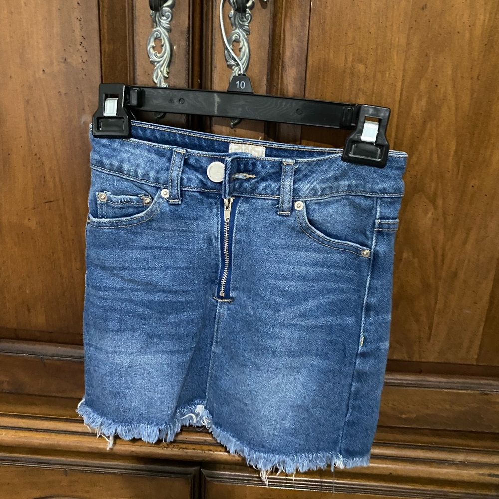Blue Denim Mini Skirt with Frayed Hem